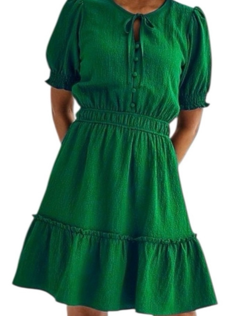 Draper James Emerald Green Puff-Sleeve Smocked-Waist Dress
